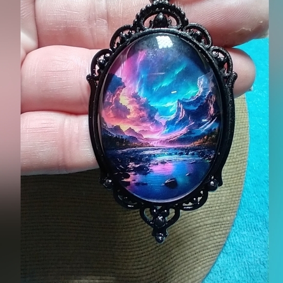 Vintage Black Pendant with Colorful Landscape aurora mountains lake blue pink - Picture 1 of 3